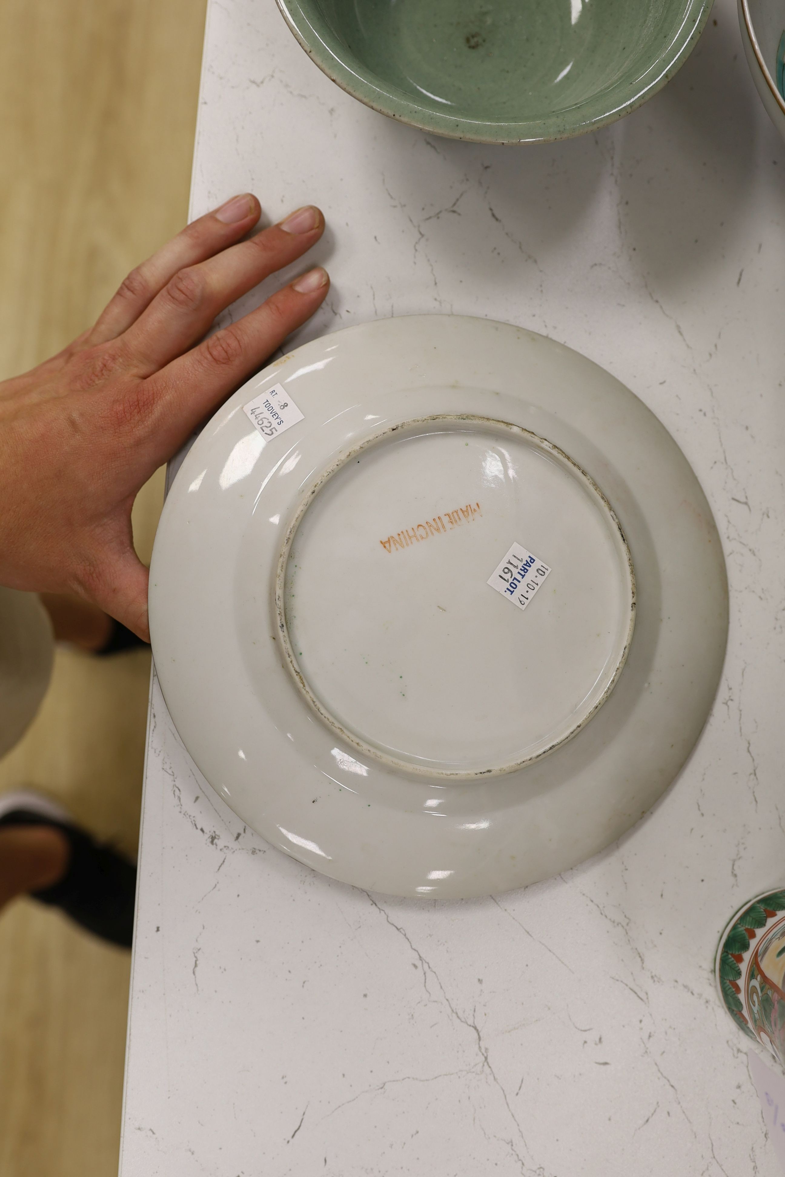 A Chinese famille charger, three vases and a plate, together with other Chinese and Japanese ceramics (13 items), Charger 48 cms diameter